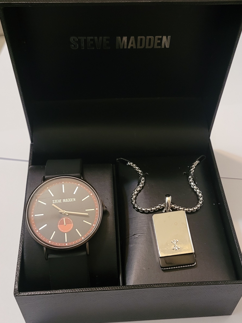 Steve Madden Men's Black and Rose Gold Watch and Pendant Gift Set
